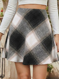 High-waisted plaid A-line skirt with elastic zipper