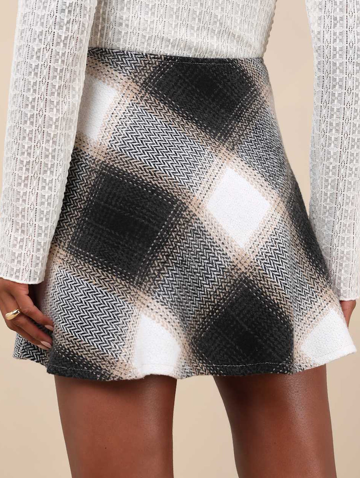 High-waisted plaid A-line skirt with elastic zipper