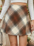 High-waisted plaid A-line skirt with elastic zipper
