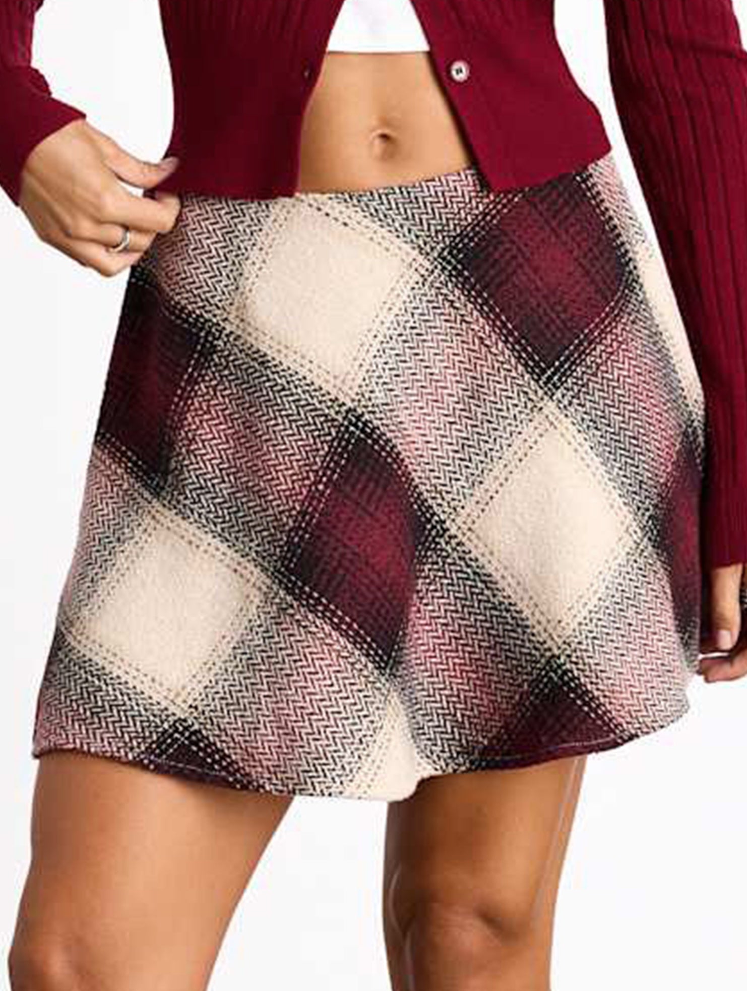 High-waisted plaid A-line skirt with elastic zipper