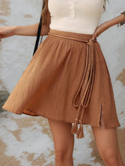 Solid High Waist Tassel Tie A Line Skirt_CWBSS00265