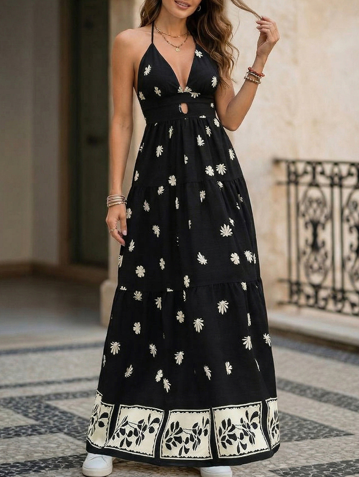 Printed Halter Flowy Maxi Dress