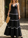 Color Block Halter V Neck Tiered Dress