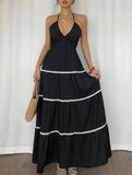 Color Block Halter V Neck Tiered Dress
