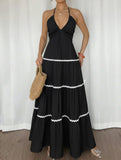 Color Block Halter V Neck Tiered Dress