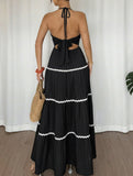 Color Block Halter V Neck Tiered Dress