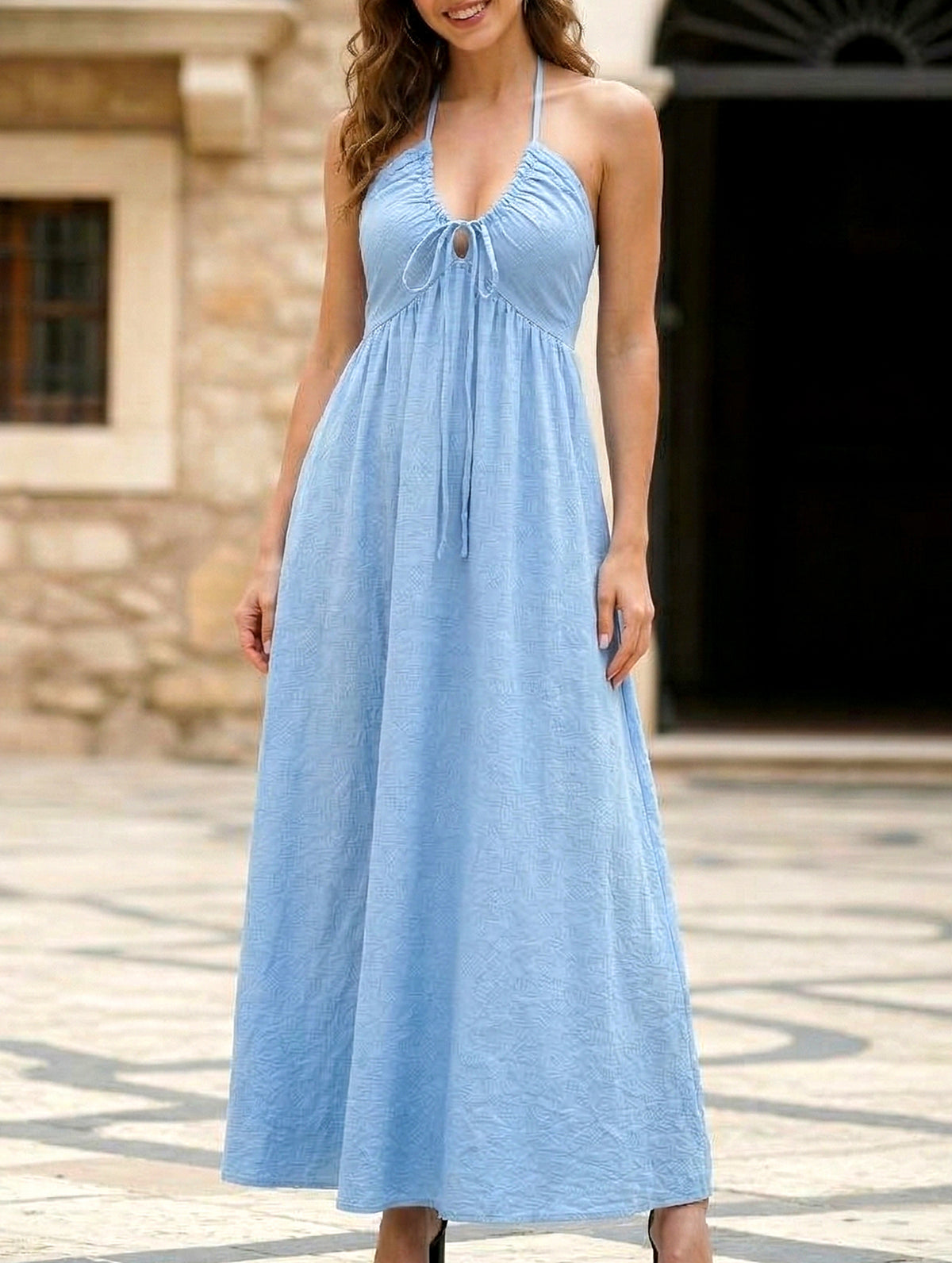 Blue Halter Backless Maxi Dress_CWDHL01213