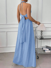 Blue Halter Backless Maxi Dress_CWDHL01213