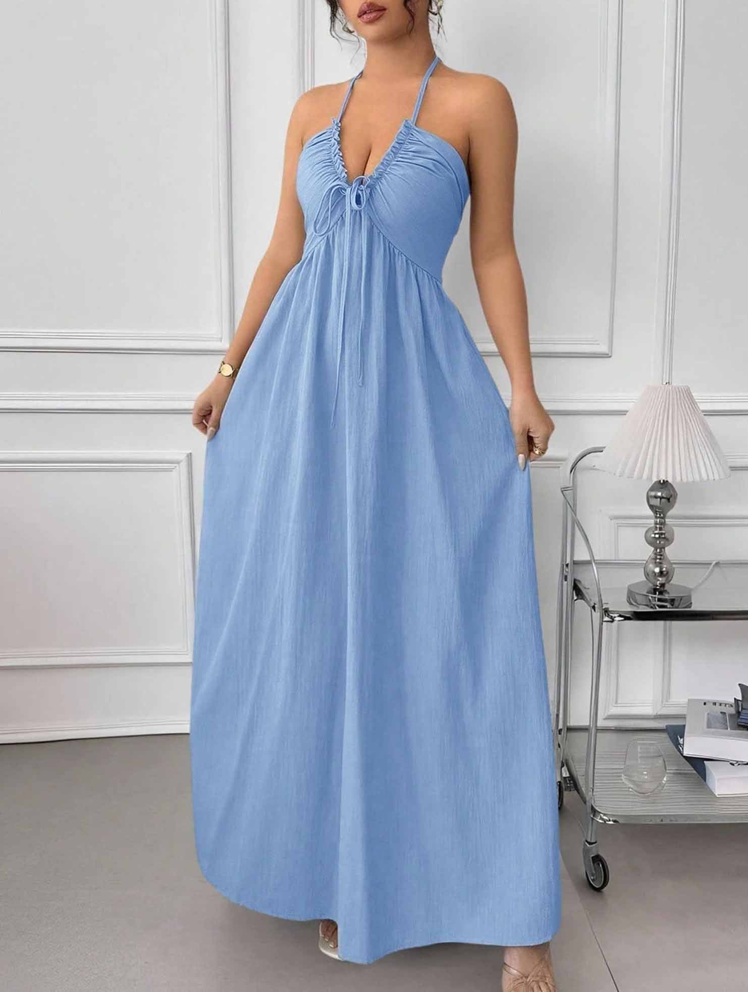 Blue Halter Backless Maxi Dress_CWDHL01213