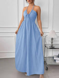 Blue Halter Backless Maxi Dress_CWDHL01213