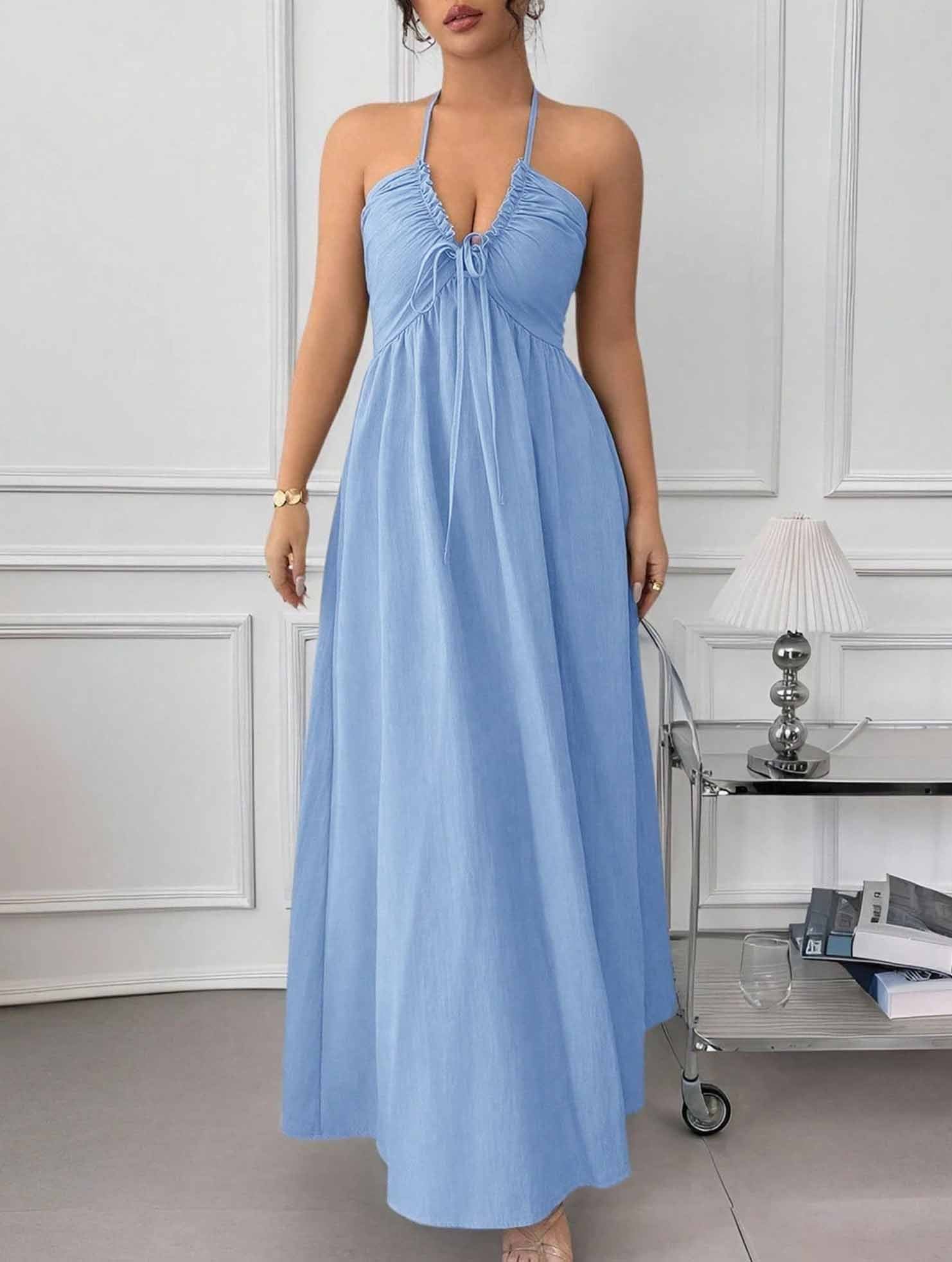 Blue Halter Backless Maxi Dress_CWDHL01213