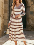 Long-sleeved striped print V-neck pullover dress