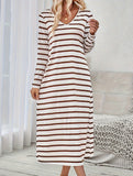 Long-sleeved striped print V-neck pullover dress