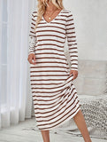Long-sleeved striped print V-neck pullover dress