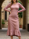 Ruffle hem solid color long sleeve dress