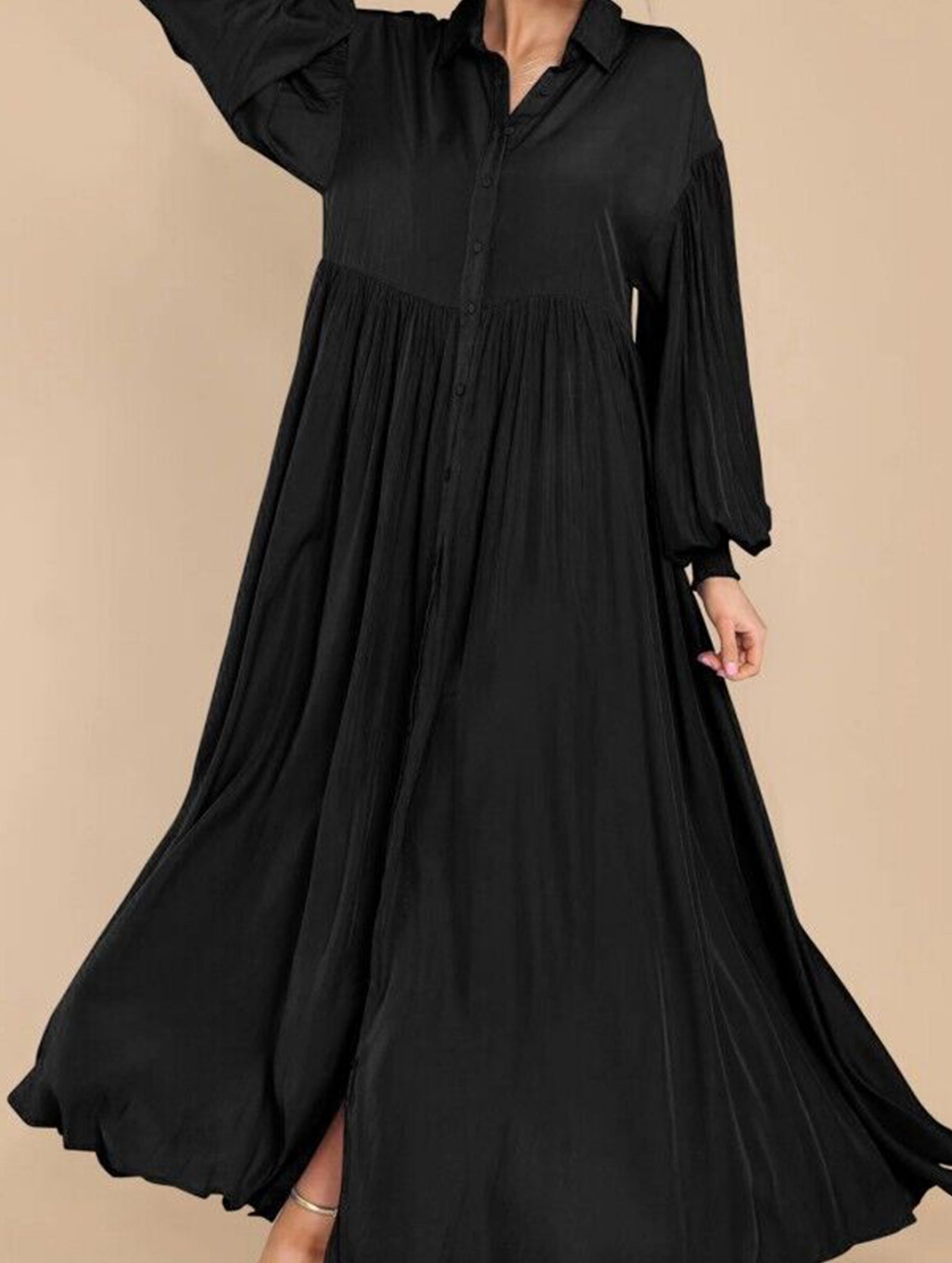 Button-Down Lapel Pleated Long-Sleeve Maxi Dress