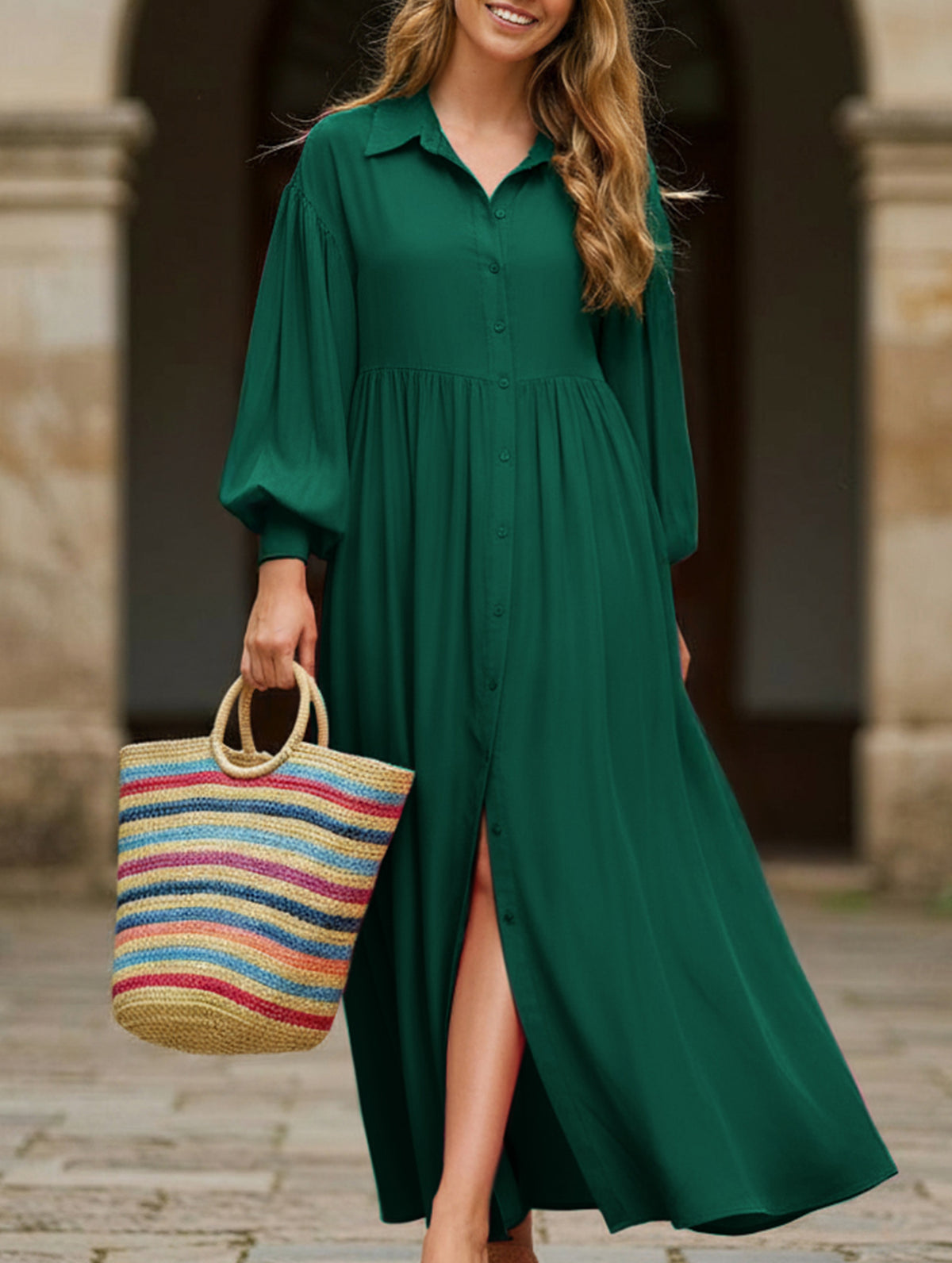 Button-Down Lapel Pleated Long-Sleeve Maxi Dress