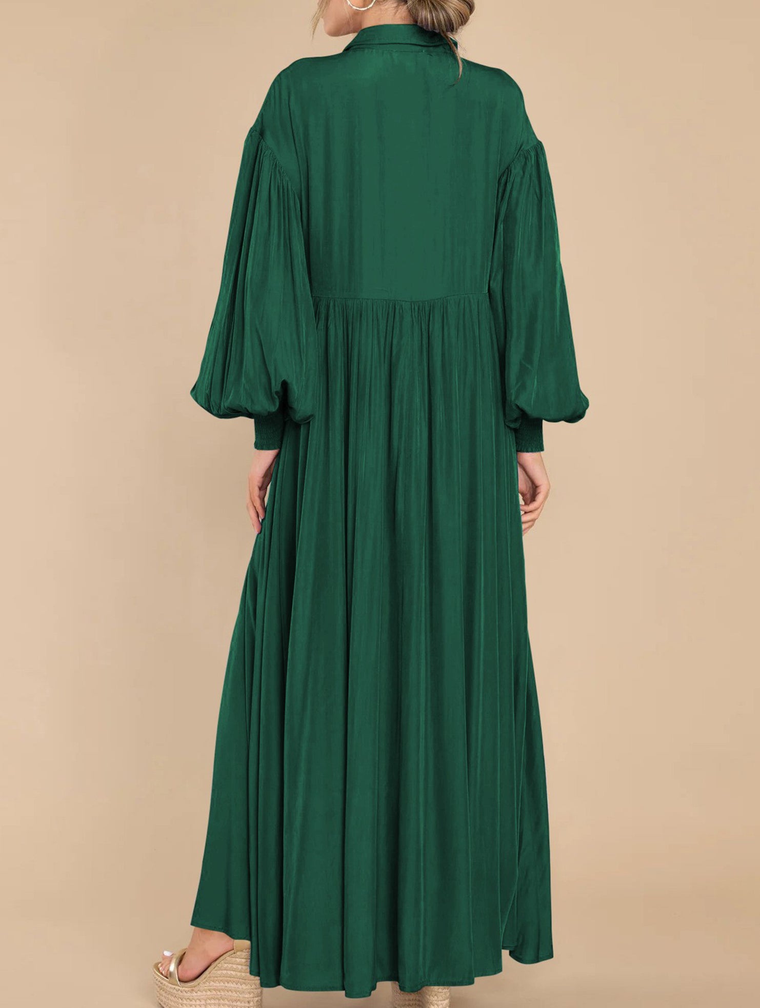 Button-Down Lapel Pleated Long-Sleeve Maxi Dress