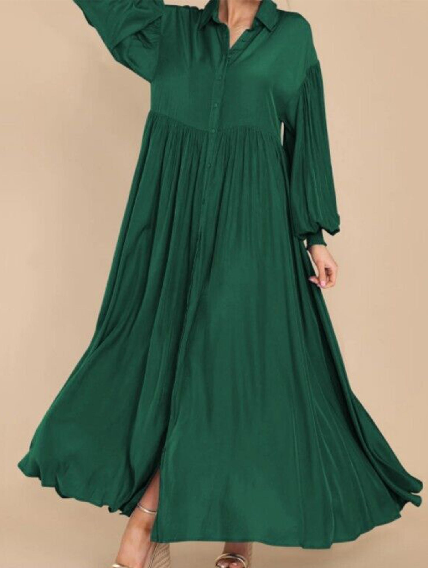 Button-Down Lapel Pleated Long-Sleeve Maxi Dress