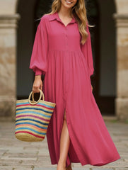 Button-Down Lapel Pleated Long-Sleeve Maxi Dress