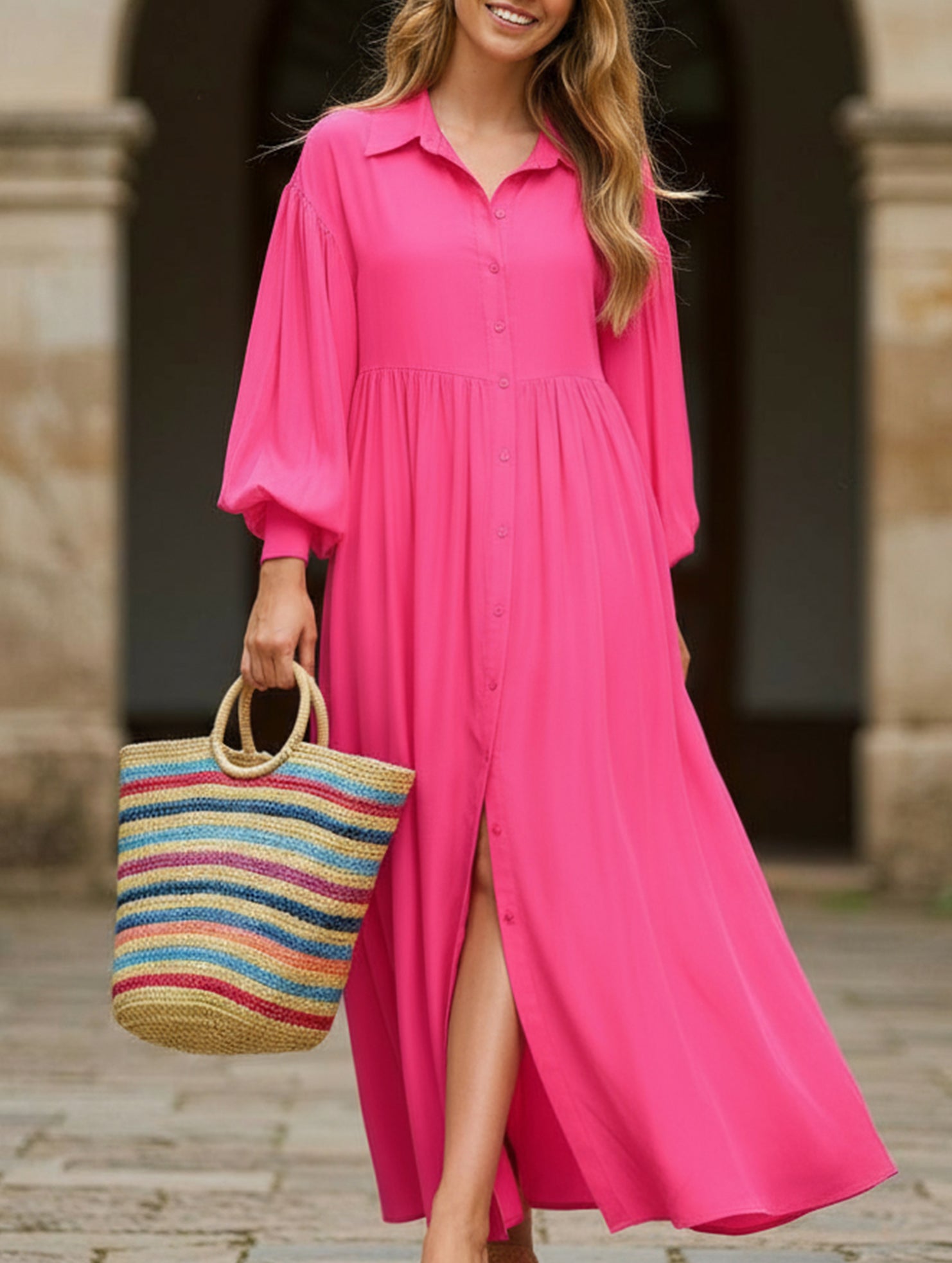 Button-Down Lapel Pleated Long-Sleeve Maxi Dress