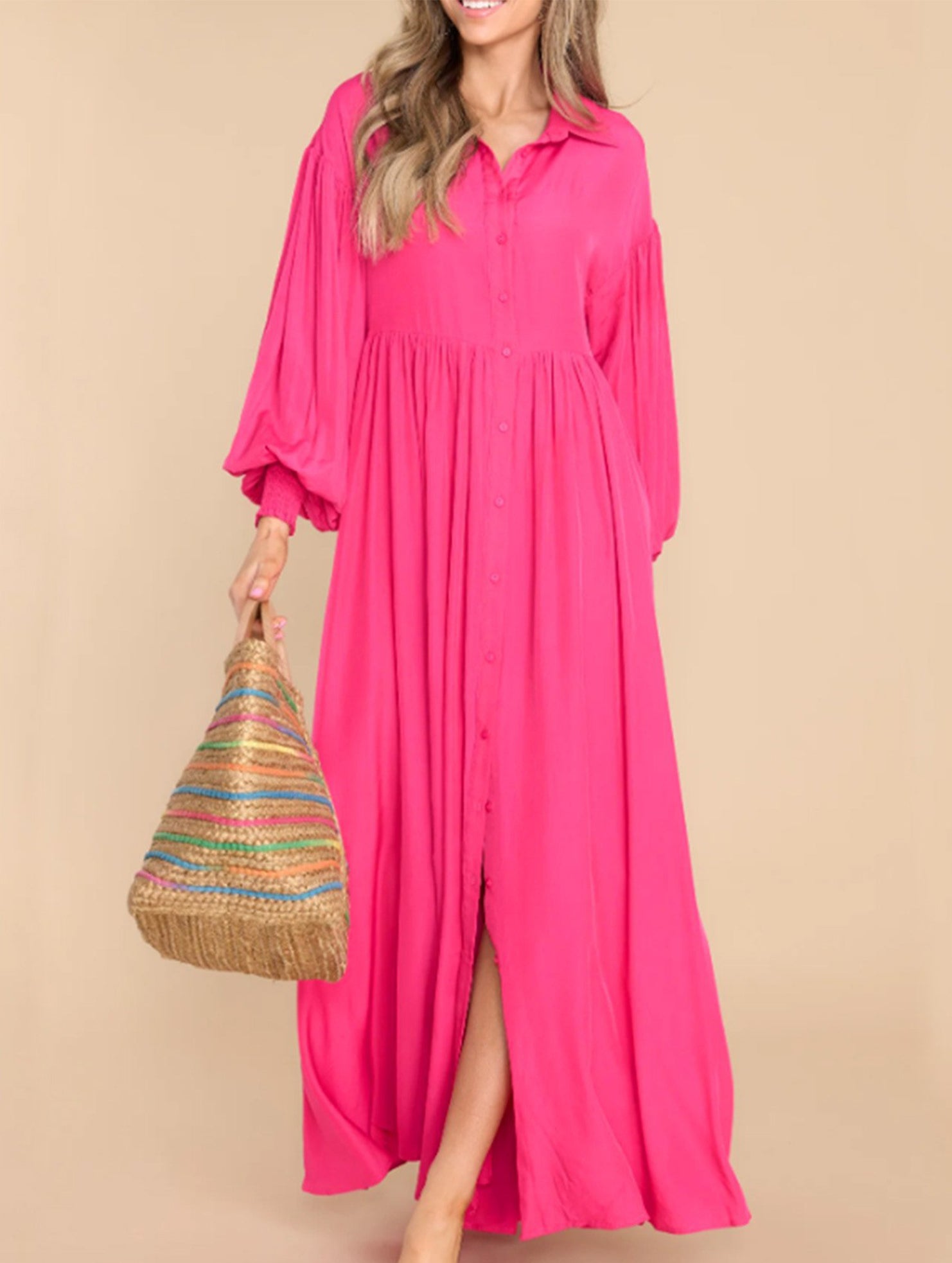 Button-Down Lapel Pleated Long-Sleeve Maxi Dress