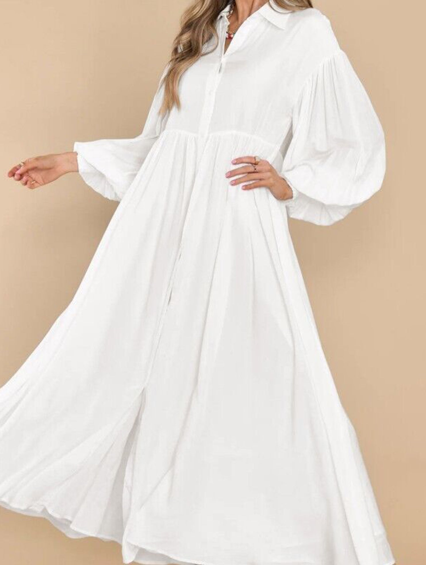 Button-Down Lapel Pleated Long-Sleeve Maxi Dress