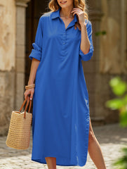 Lapel Button Side Slit Casual Midi Dress