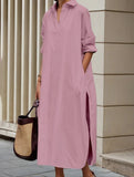 Lapel Button Side Slit Casual Midi Dress