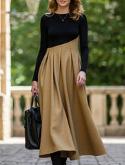 Contrast color V-neck long-sleeved dress