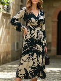 Fashionable V-neck hot-print dress