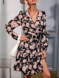 Retro style lantern sleeve v-neck dress