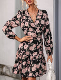 Retro style lantern sleeve v-neck dress