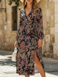 Retro style V-neck waist printed dress