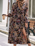 Retro style V-neck waist printed dress