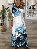 Printed V-neck button-down long-sleeved dress