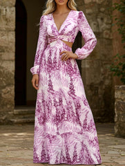 Fashion long printed V-neck long-sleeved dress