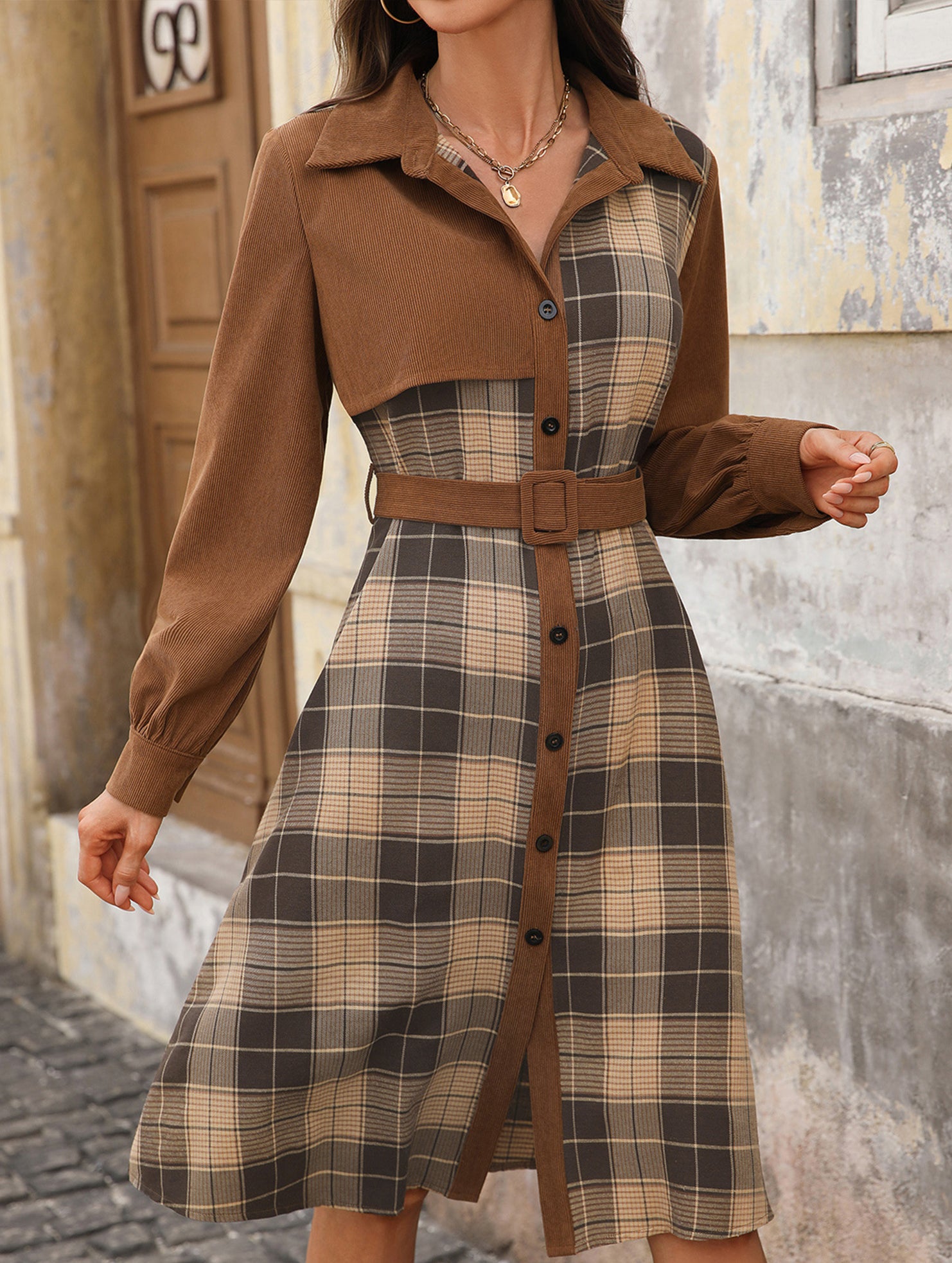 Retro-style shirt collar plaid patchwork dress