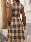 Retro-style shirt collar plaid patchwork dress