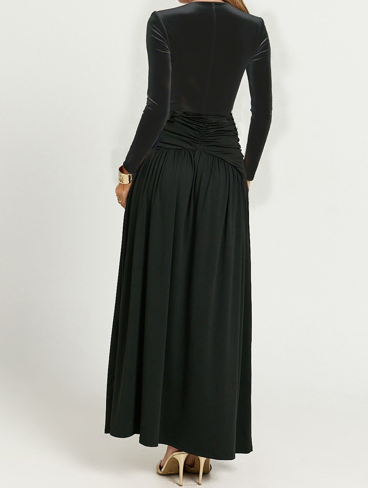 Retro deep V long sleeve maxi dress