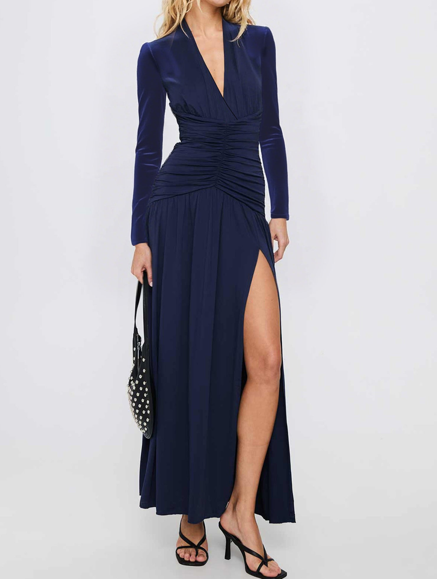 Retro deep V long sleeve maxi dress