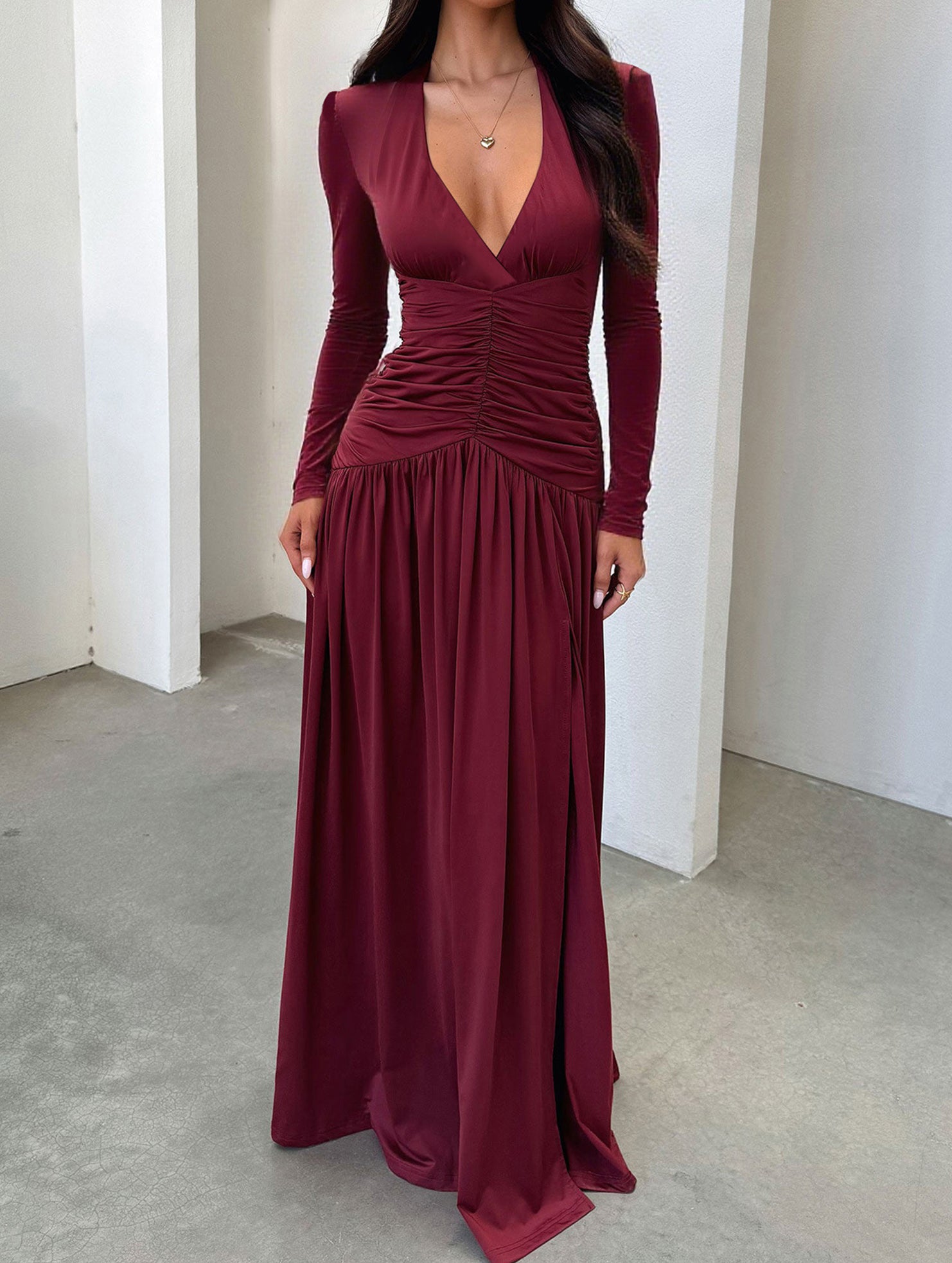 Retro deep V long sleeve maxi dress