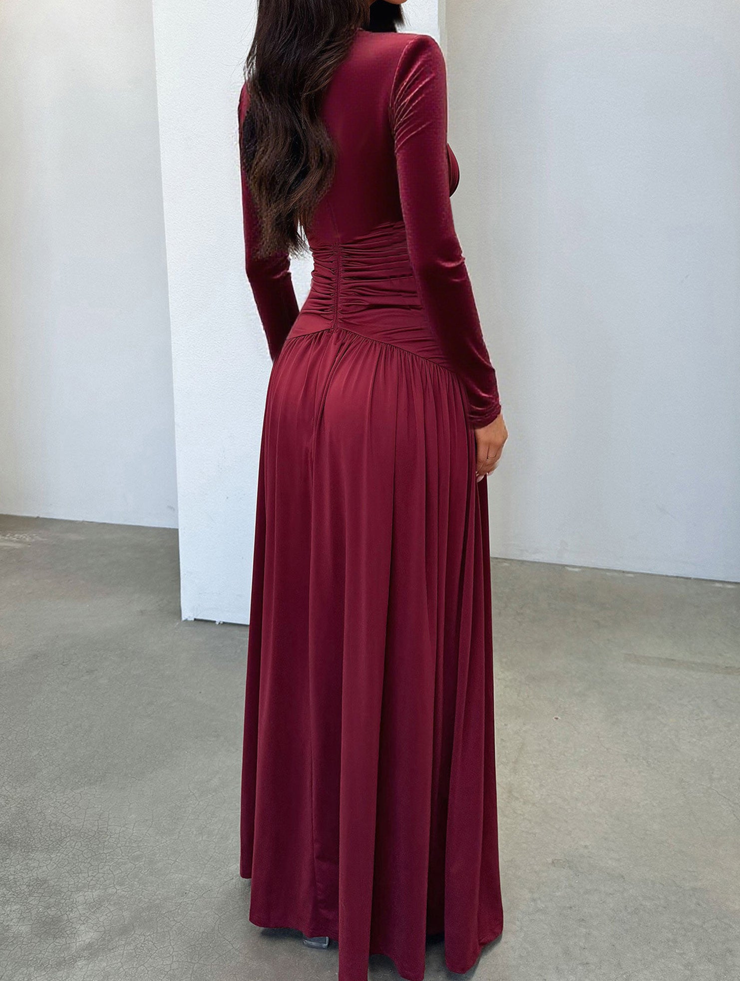 Retro deep V long sleeve maxi dress
