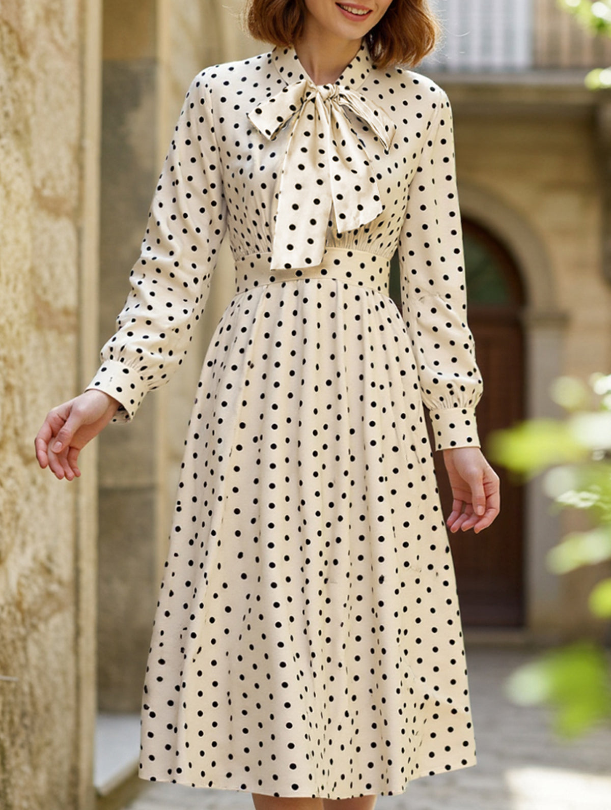 Retro style bow collar long sleeve polka dot dress – Lovenne
