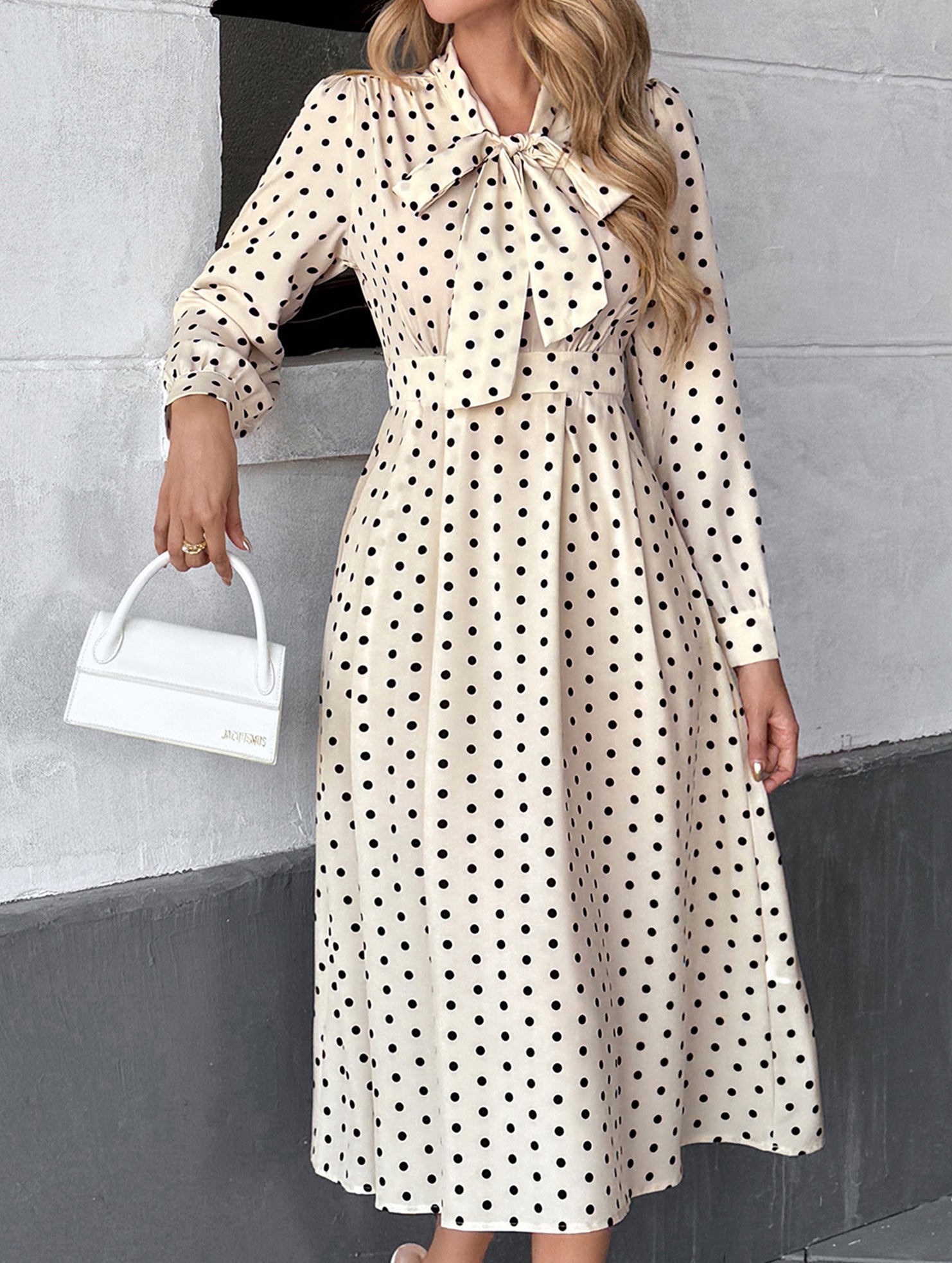 Retro style bow collar long sleeve polka dot dress
