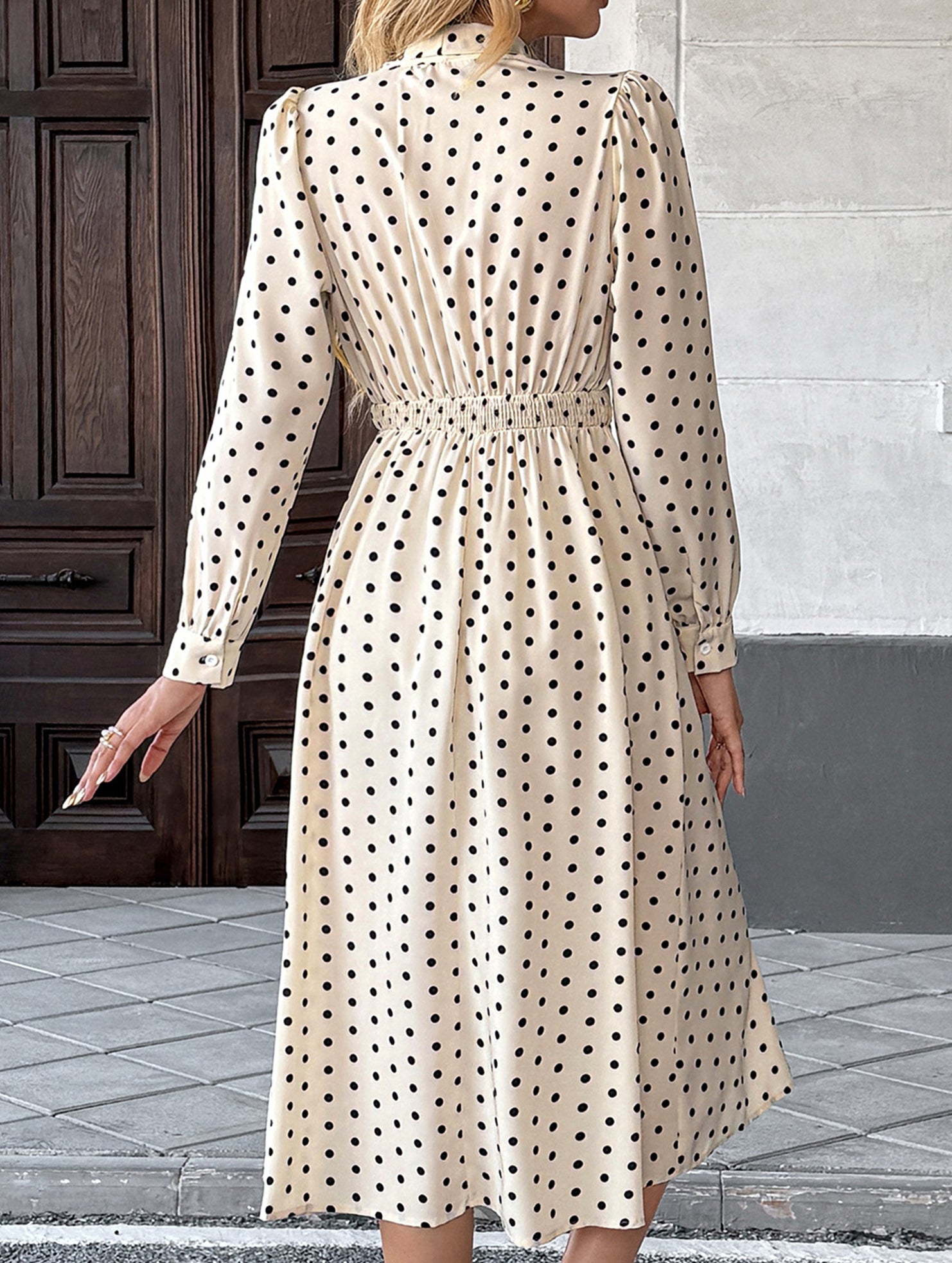 Retro style bow collar long sleeve polka dot dress