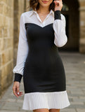 Lapel Colorblock Pleated Fitted Dress