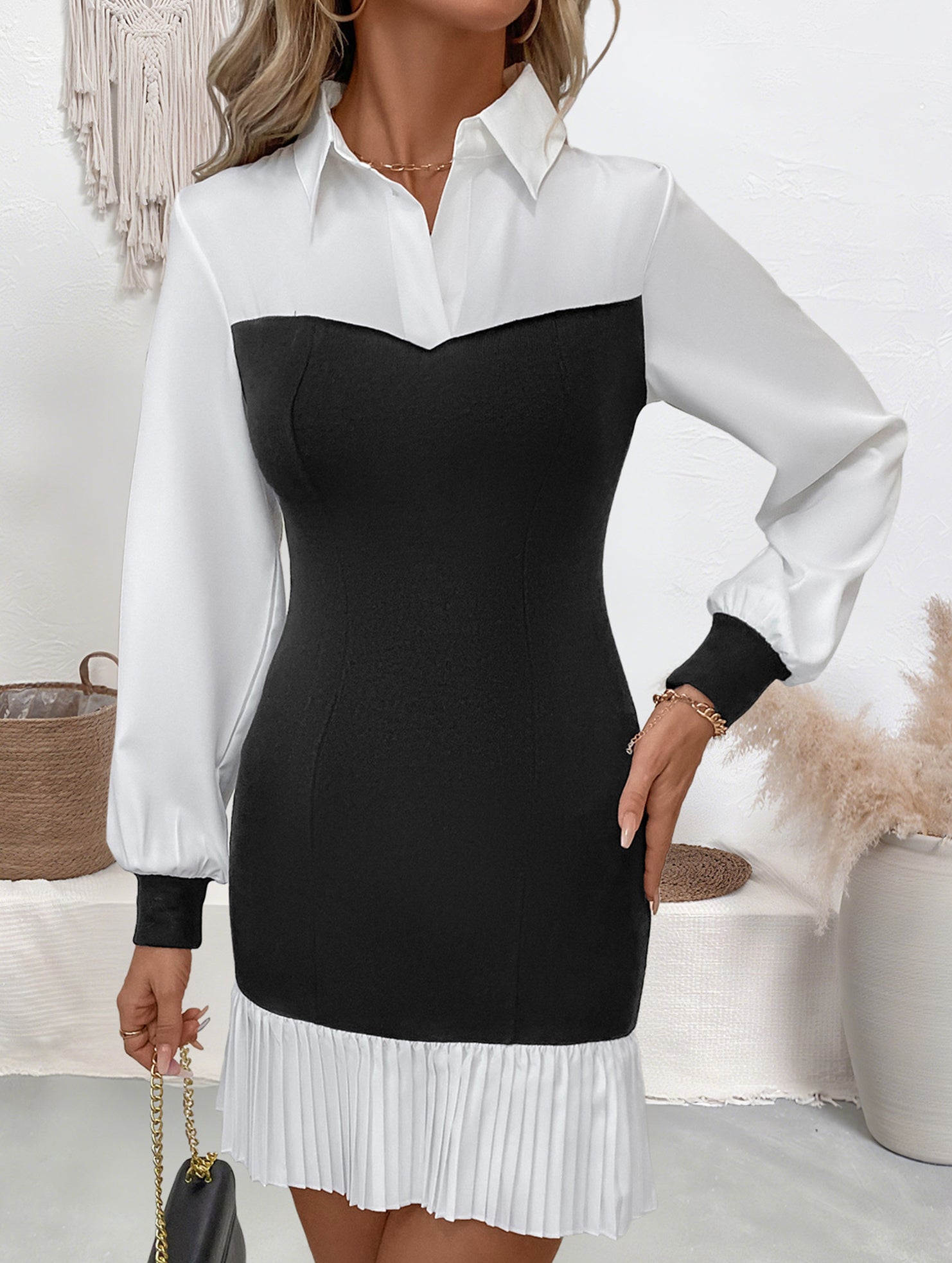 Lapel Colorblock Pleated Fitted Dress