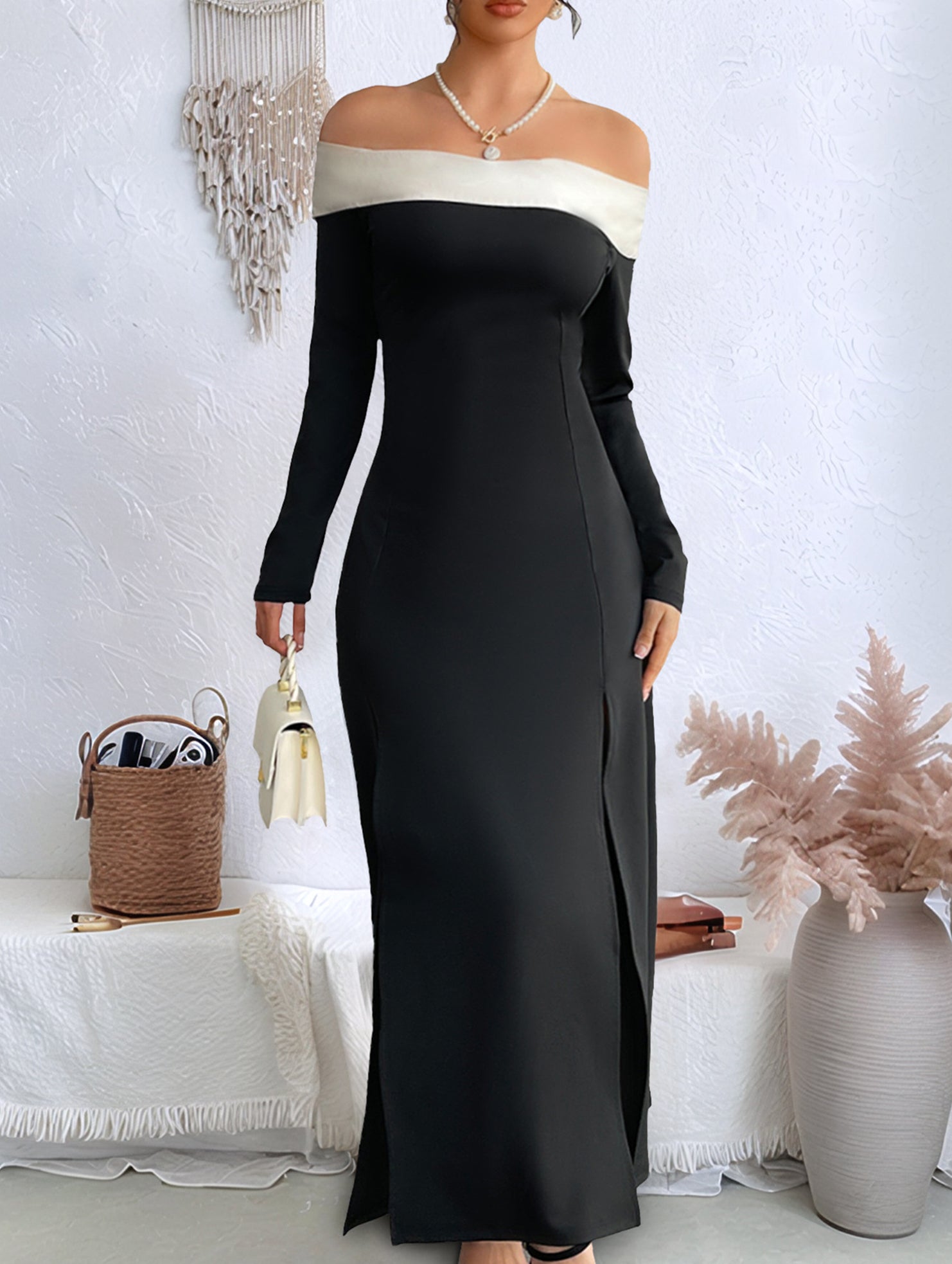 Off-the-shoulder color-block slit dress