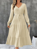 2025 Autumn Pleated V-Neck Solid Color Dress